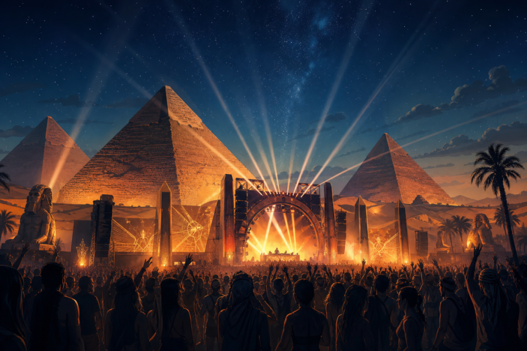Illustration of a night-time electronic music stage setup near the Great Pyramids of Giza, with lights and crowd silhouettes