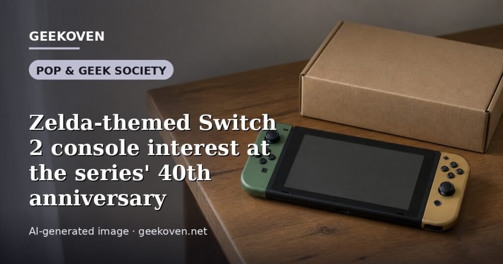 Illustration for the Pop & Geek Society article “Zelda-themed Switch 2 console interest at the series' 40th anniversary”: an AI-generated editorial illustration showing a scene illustrating the subject of the article, with the headline set over it. Illustrative only, not a photograph of a real event.